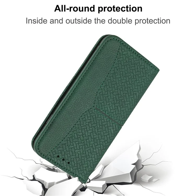 For Samsung Galaxy S24 Ultra Phone Case Woven Texture Leather Folio Wallet Cover - Green