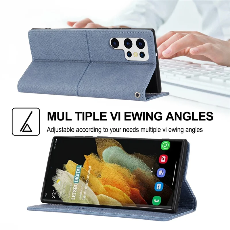 For Samsung Galaxy S24 Ultra Phone Case Woven Texture Leather Folio Wallet Cover - Grey