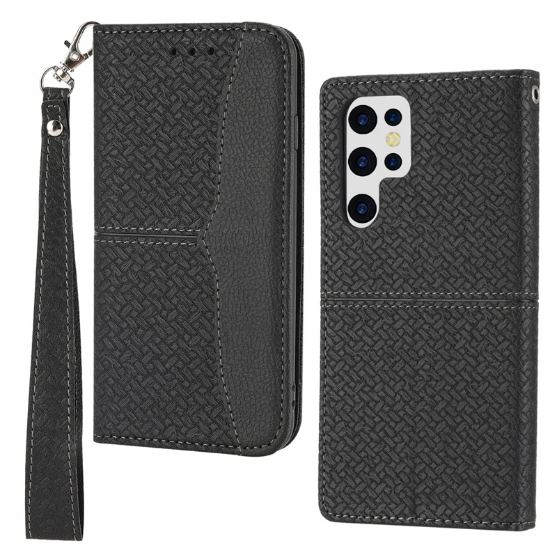 For Samsung Galaxy S24 Ultra Phone Case Woven Texture Leather Folio Wallet Cover - Black