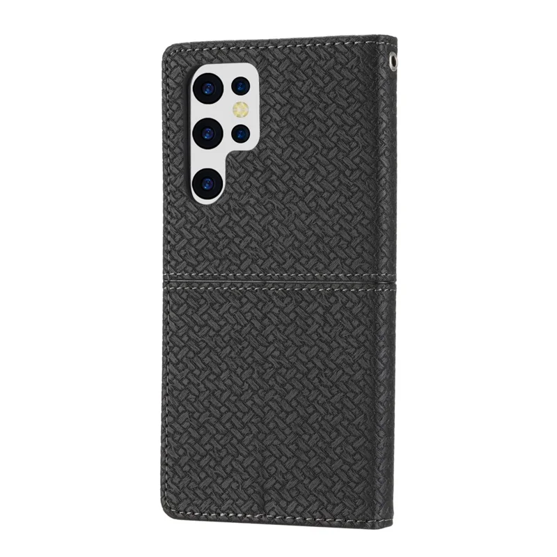 For Samsung Galaxy S24 Ultra Phone Case Woven Texture Leather Folio Wallet Cover - Black