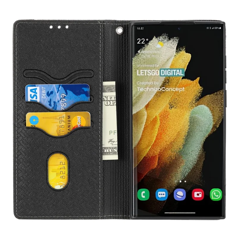 For Samsung Galaxy S24 Ultra Phone Case Woven Texture Leather Folio Wallet Cover - Black