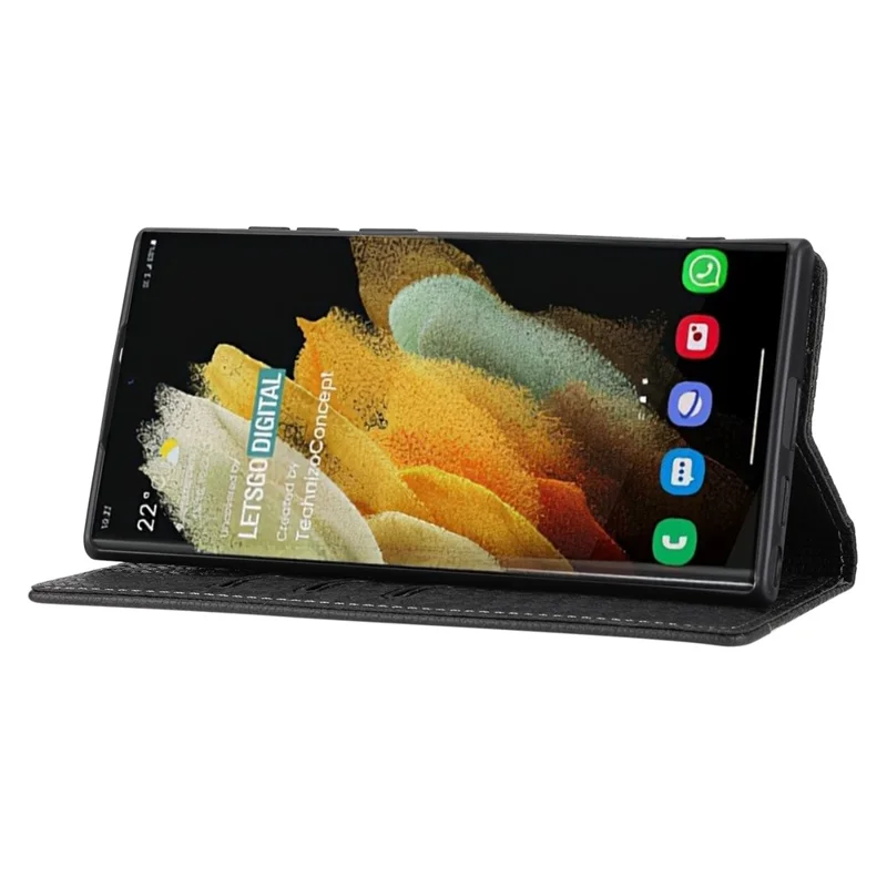 For Samsung Galaxy S24 Ultra Phone Case Woven Texture Leather Folio Wallet Cover - Black