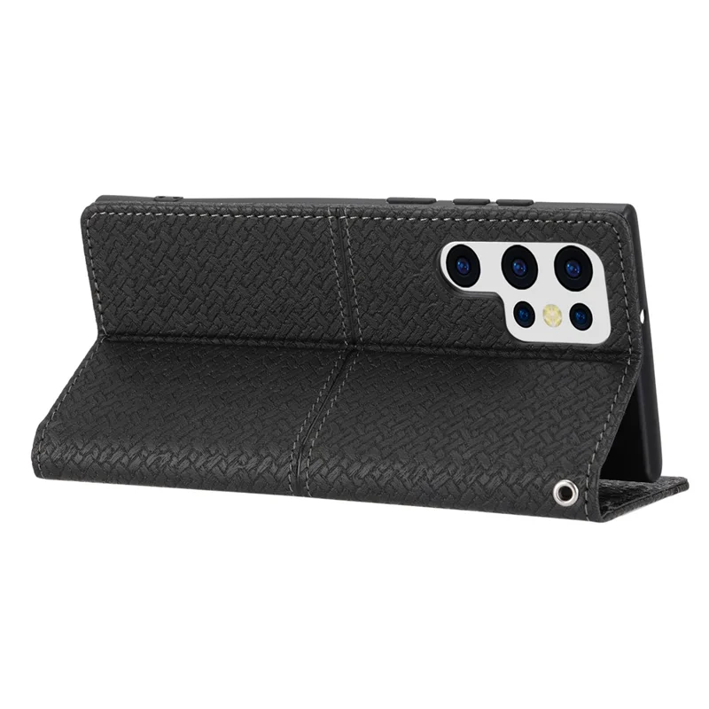 For Samsung Galaxy S24 Ultra Phone Case Woven Texture Leather Folio Wallet Cover - Black