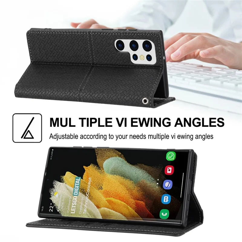 For Samsung Galaxy S24 Ultra Phone Case Woven Texture Leather Folio Wallet Cover - Black