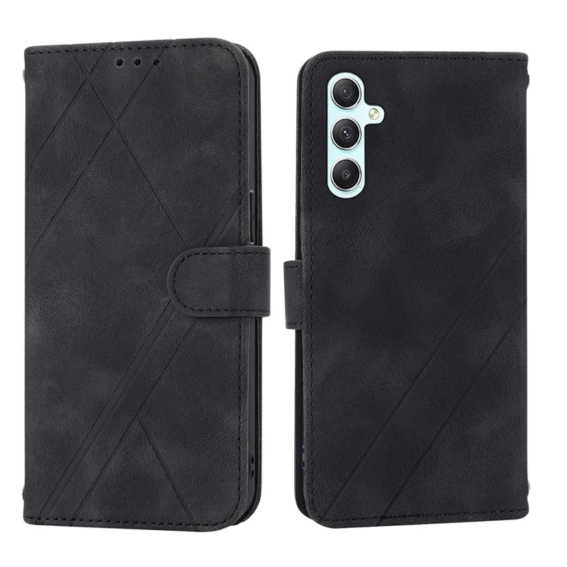 For Samsung Galaxy S24 Case Imprinted Line Wallet Phone Cover with Handy Strap - Black