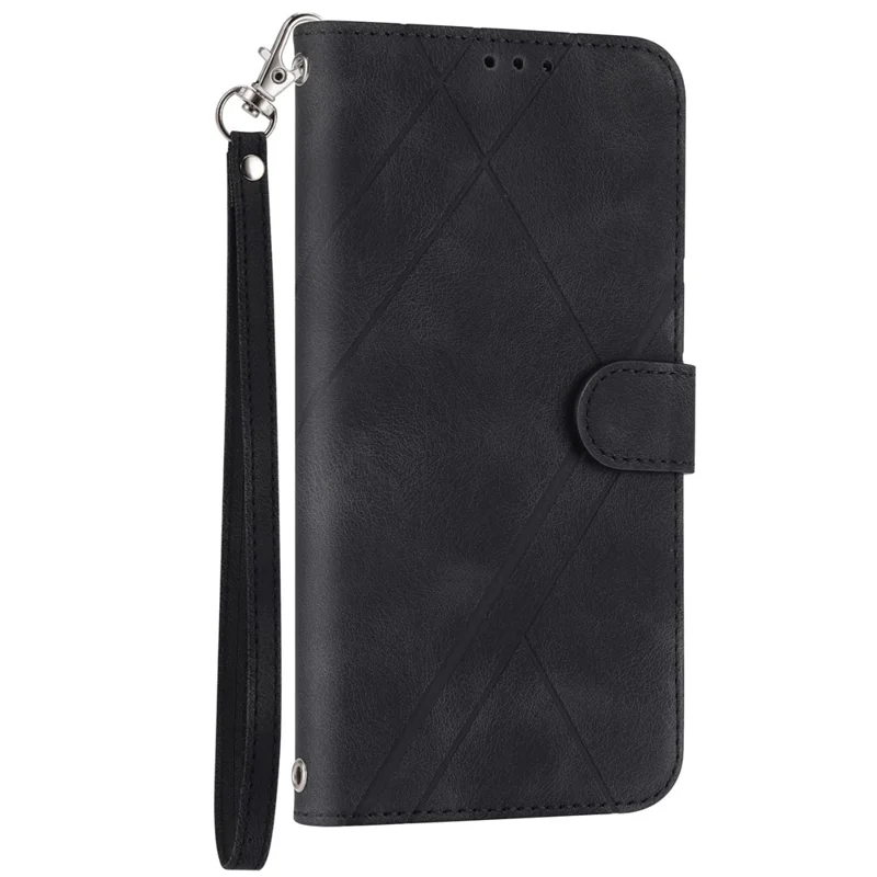 For Samsung Galaxy S24 Case Imprinted Line Wallet Phone Cover with Handy Strap - Black