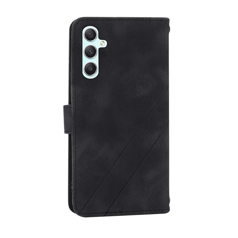 For Samsung Galaxy S24 Case Imprinted Line Wallet Phone Cover with Handy Strap - Black