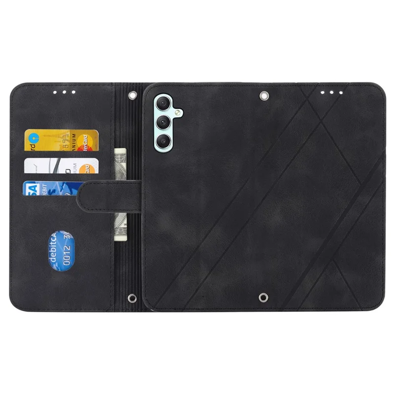 For Samsung Galaxy S24 Case Imprinted Line Wallet Phone Cover with Handy Strap - Black
