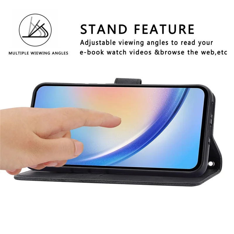For Samsung Galaxy S24 Case Imprinted Line Wallet Phone Cover with Handy Strap - Black
