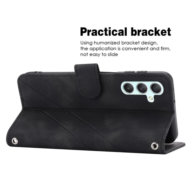 For Samsung Galaxy S24 Case Imprinted Line Wallet Phone Cover with Handy Strap - Black