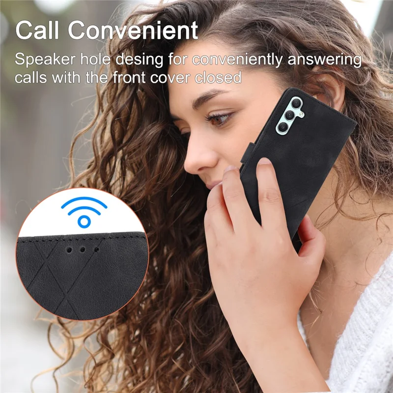 For Samsung Galaxy S24 Case Imprinted Line Wallet Phone Cover with Handy Strap - Black