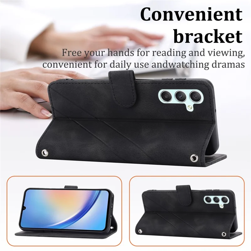 For Samsung Galaxy S24 Case Imprinted Line Wallet Phone Cover with Handy Strap - Black