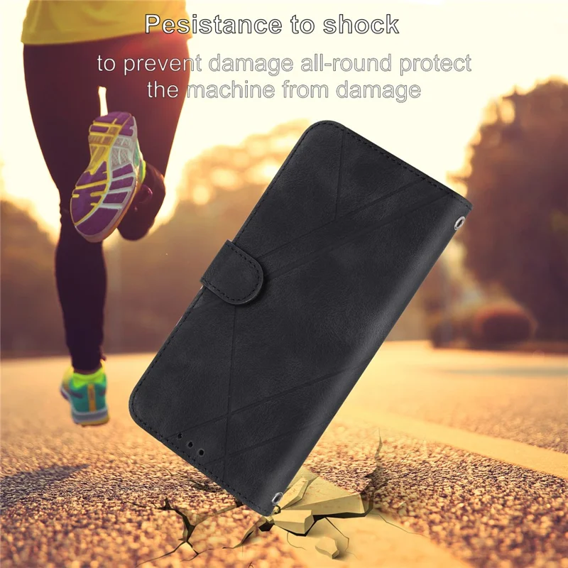 For Samsung Galaxy S24 Case Imprinted Line Wallet Phone Cover with Handy Strap - Black