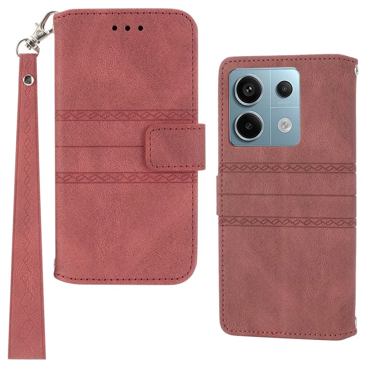 For Xiaomi Redmi Note 13 Pro 5G / Poco X6 5G Cover Soft PU Leather Imprinted Pattern Phone Case with Hand Strap - Red