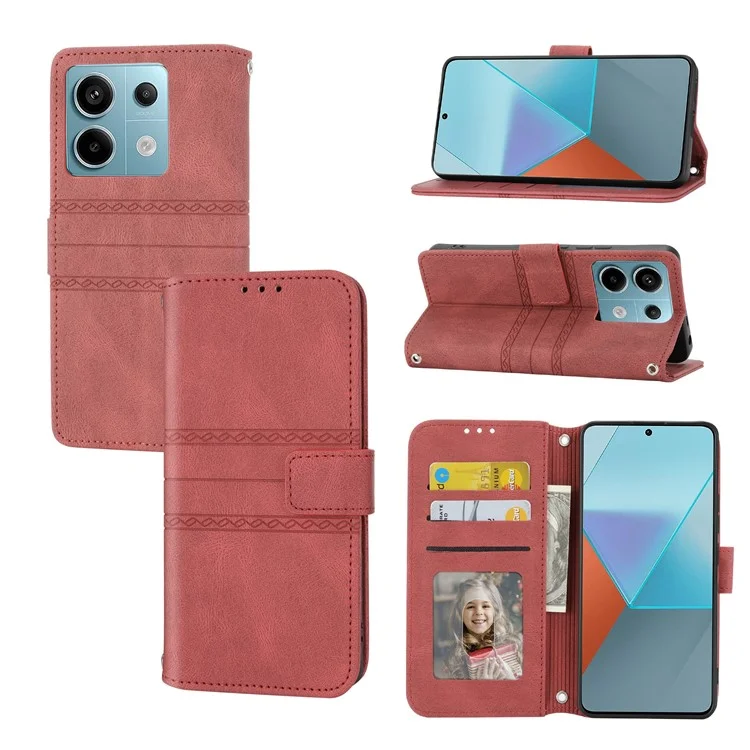 For Xiaomi Redmi Note 13 Pro 5G / Poco X6 5G Cover Soft PU Leather Imprinted Pattern Phone Case with Hand Strap - Red