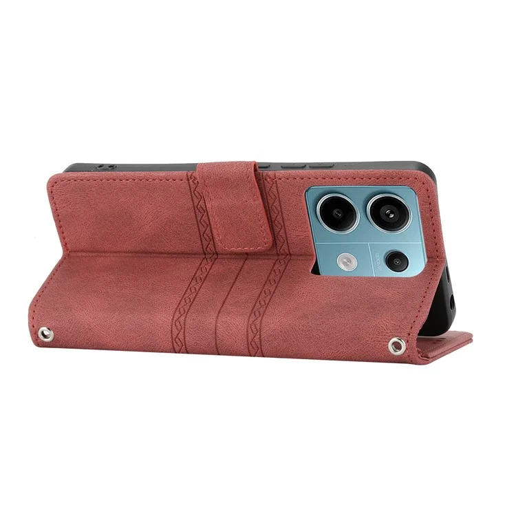 For Xiaomi Redmi Note 13 Pro 5G / Poco X6 5G Cover Soft PU Leather Imprinted Pattern Phone Case with Hand Strap - Red