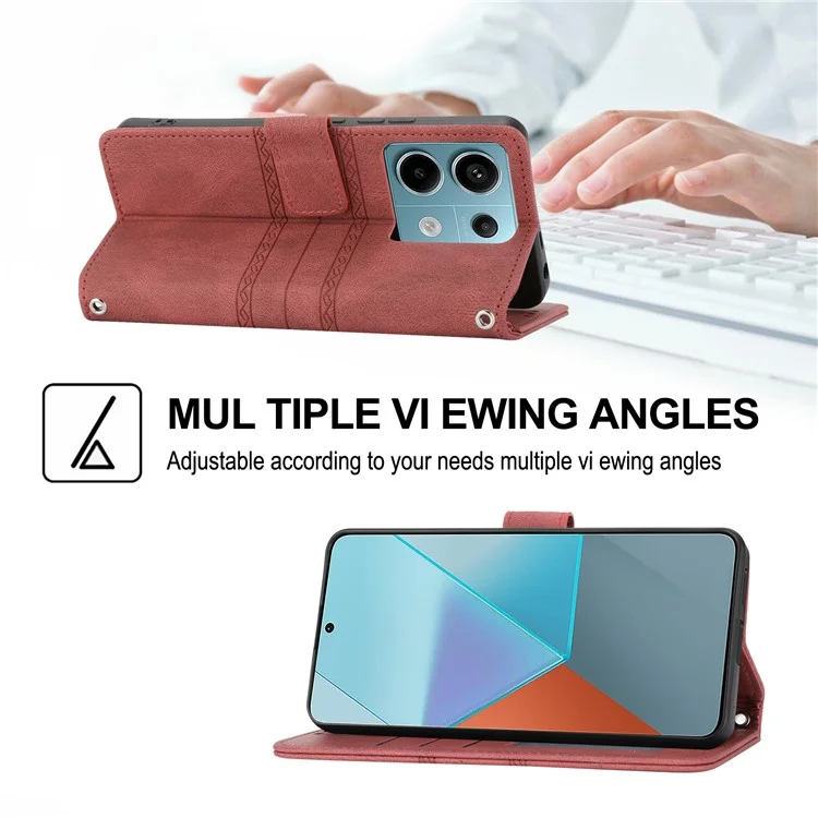 For Xiaomi Redmi Note 13 Pro 5G / Poco X6 5G Cover Soft PU Leather Imprinted Pattern Phone Case with Hand Strap - Red