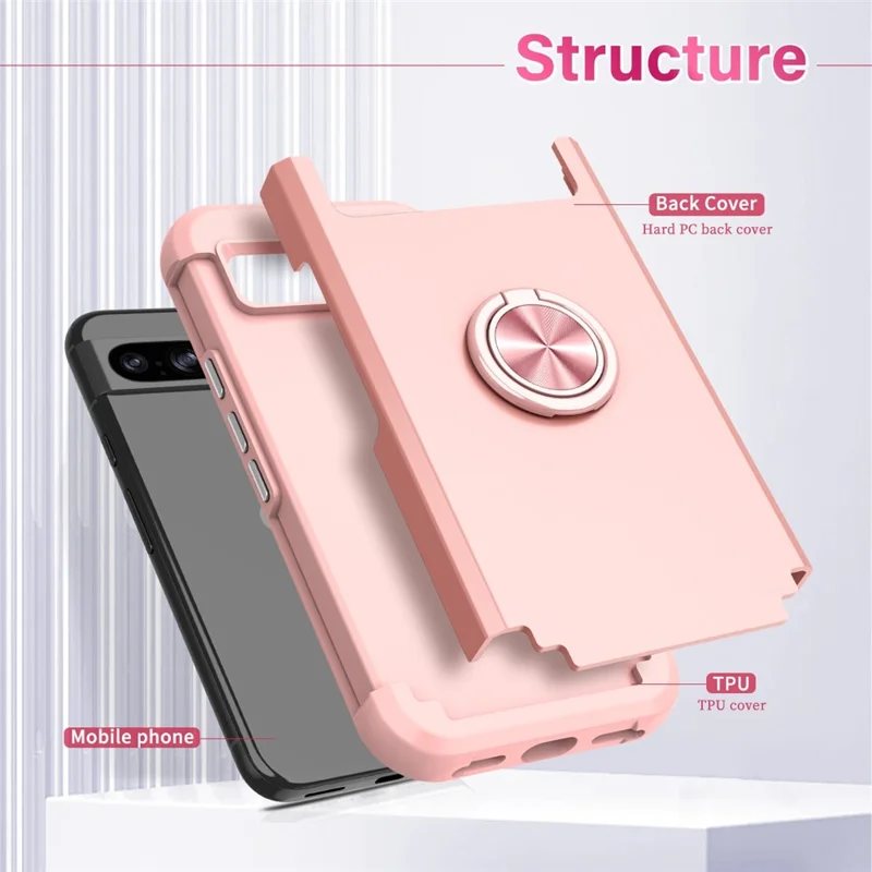 For Google Pixel 8 Pro Back Cover Scratch-proof PC+TPU Kickstand Phone Case - Rose Gold