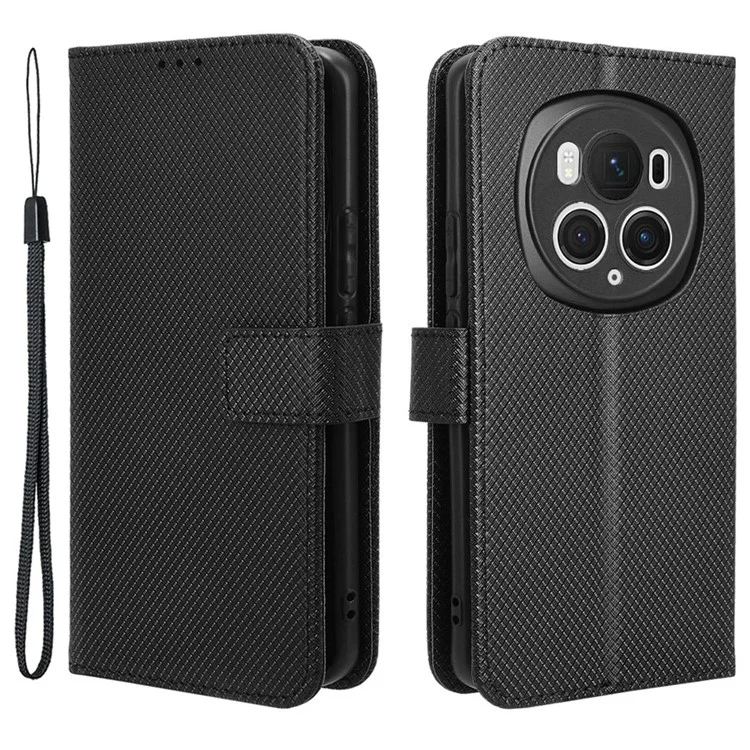 Wallet Case For Honor Magic6 Pro 5G Shell Leather Diamond Texture Phone Cover - Black