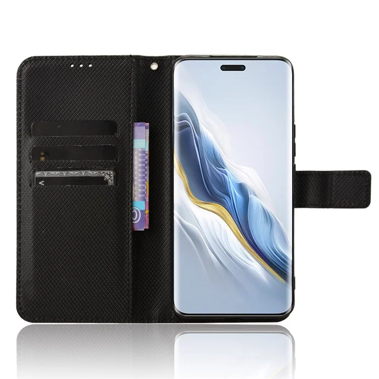 Wallet Case For Honor Magic6 Pro 5G Shell Leather Diamond Texture Phone Cover - Black