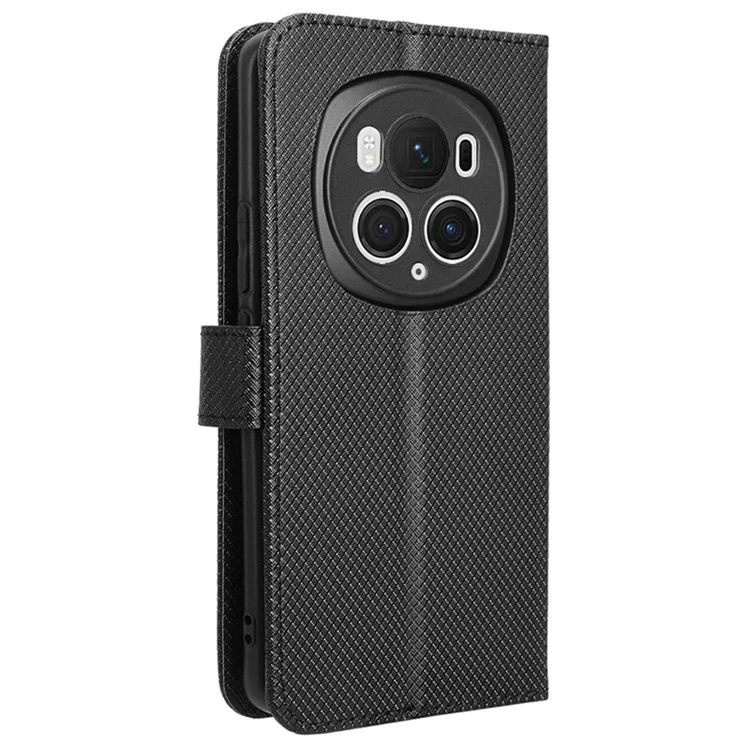 Wallet Case For Honor Magic6 Pro 5G Shell Leather Diamond Texture Phone Cover - Black