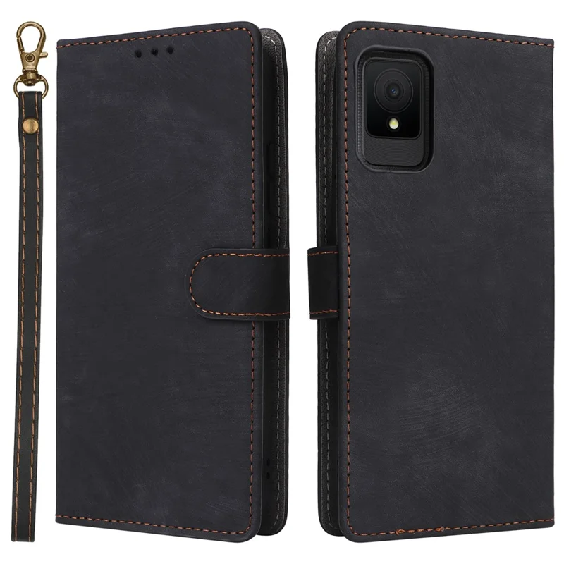 For TCL 502 Case RFID Blocking Drop-proof Wallet Phone Cover with Handy Strap - Black