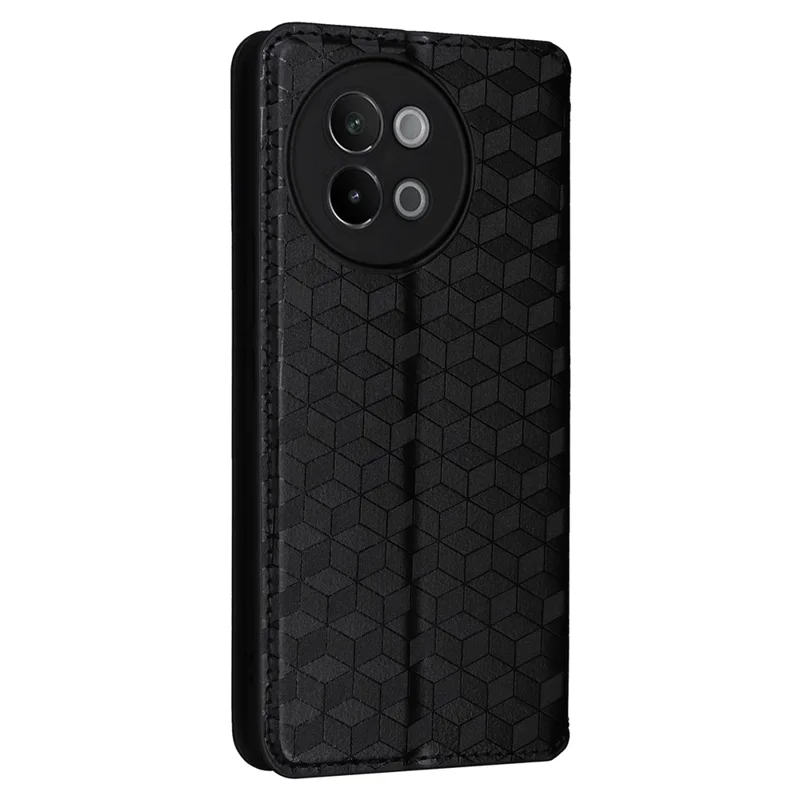 For vivo S18e 5G Leather Case Magnetic Closure Phone Cover Rhombus Pattern - Black