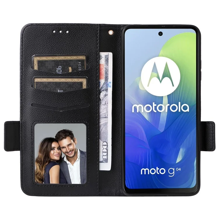 Para Motorola Moto G04 4G / G04s 4G / G24 4G / G24 Power / E14 4G Funda Billetera de Piel Funda de Teléfono Móvil con Correa - Negro