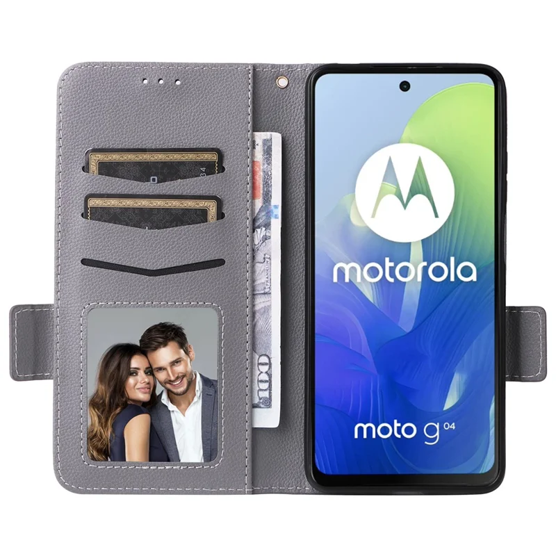 For Motorola Moto G04 4G / G04s 4G / G24 4G / G24 Power / E14 4G Case Wallet Leather Cell Phone Cover with Strap - Grey