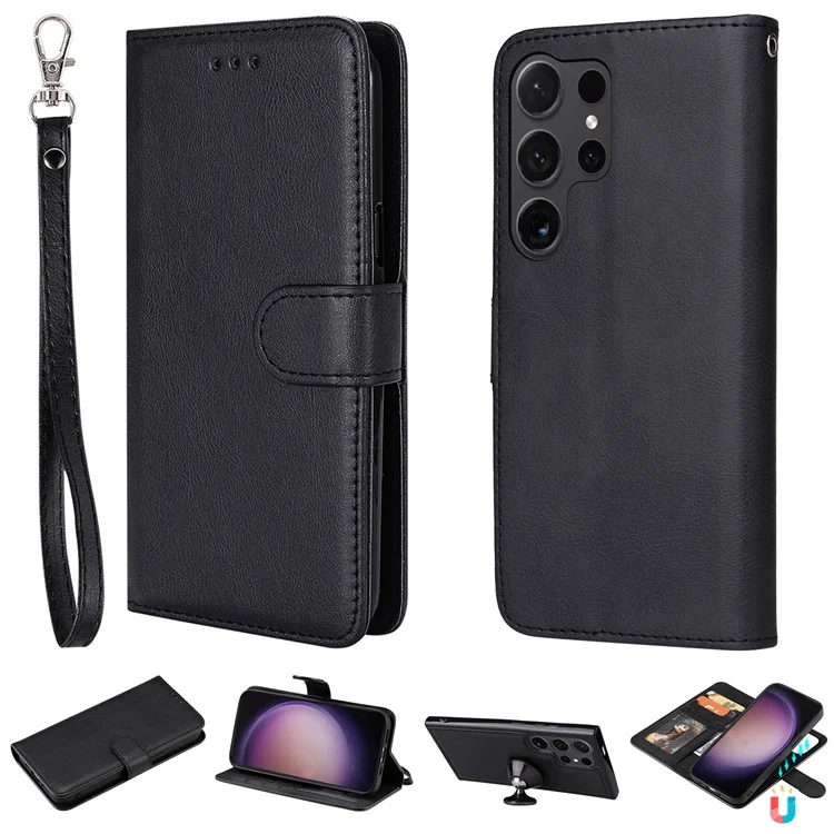 KT Leather Series-3 Para Samsung Galaxy S24 Ultra Case Desmontable 2-en-1 Cubierta de Cuero con Soporte y Correa Práctica - Negro