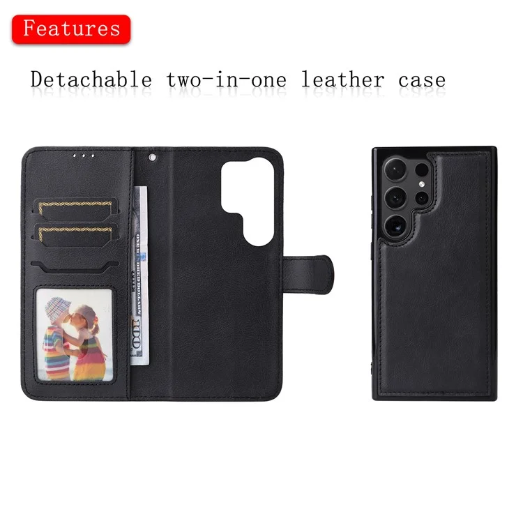 KT Leather Series-3 Para Samsung Galaxy S24 Ultra Case Desmontable 2-en-1 Cubierta de Cuero con Soporte y Correa Práctica - Negro