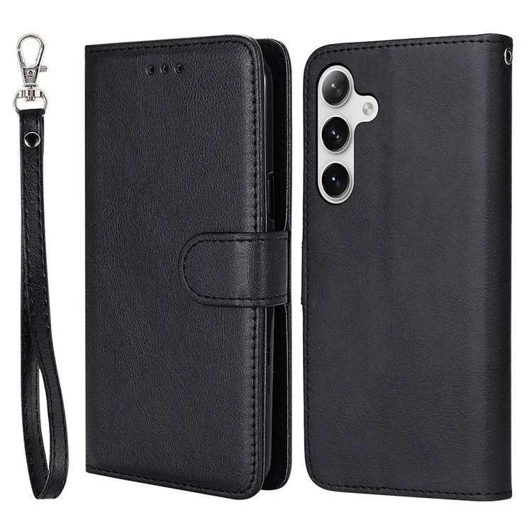 KT Leather Series-3 Para Samsung Galaxy S25 / S24 Funda de Teléfono Celular de Cuero con Soporte y Correa de Muñeca - Negro