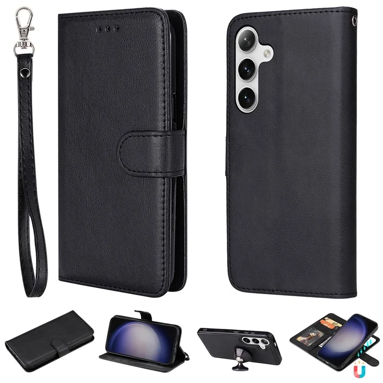 KT Leather Series-3 Para Samsung Galaxy S25 / S24 Funda de Teléfono Celular de Cuero con Soporte y Correa de Muñeca - Negro