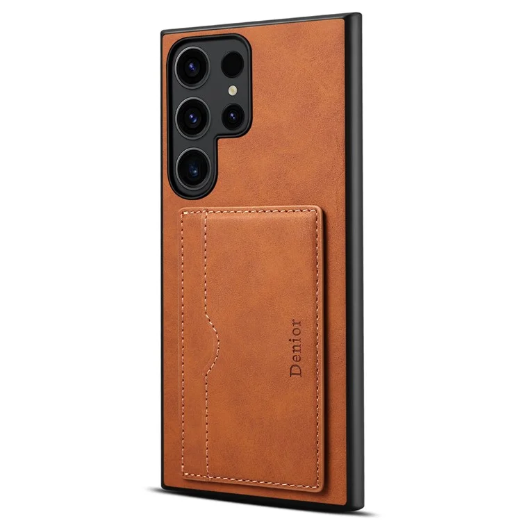DENIOR Für Samsung Galaxy S23 Ultra Magnetische Hülle Retro Kartenhalter Ständer Rückenschale - Braun