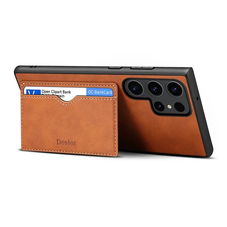 DENIOR Für Samsung Galaxy S23 Ultra Magnetische Hülle Retro Kartenhalter Ständer Rückenschale - Braun