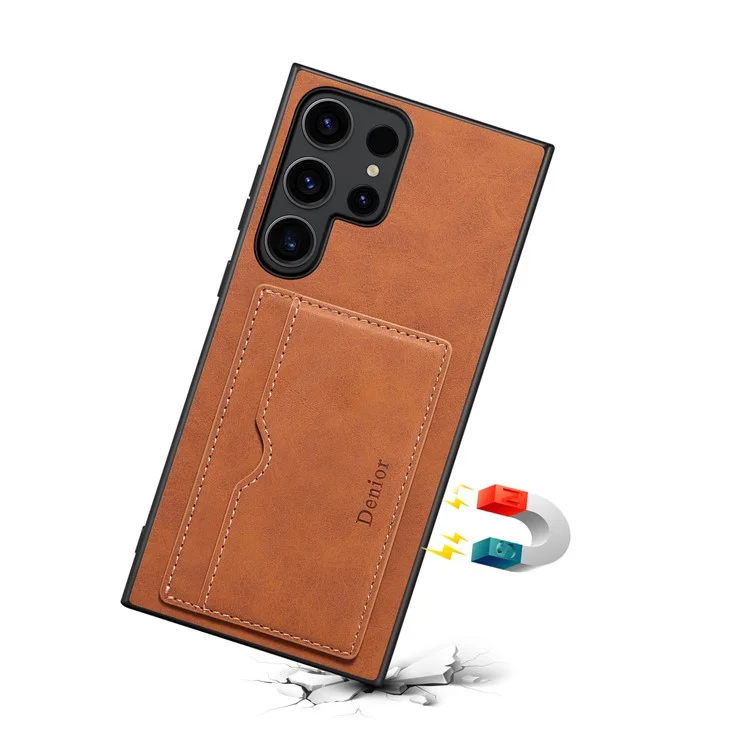 DENIOR Für Samsung Galaxy S23 Ultra Magnetische Hülle Retro Kartenhalter Ständer Rückenschale - Braun