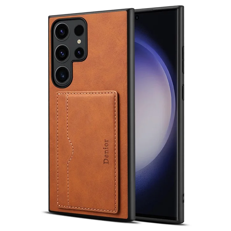 DENIOR Für Samsung Galaxy S23 Ultra Magnetische Hülle Retro Kartenhalter Ständer Rückenschale - Braun