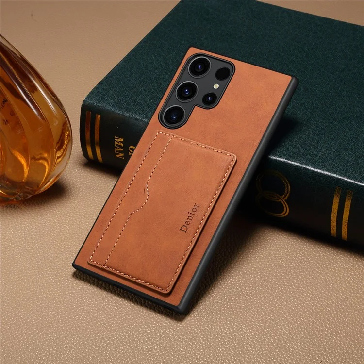DENIOR Für Samsung Galaxy S23 Ultra Magnetische Hülle Retro Kartenhalter Ständer Rückenschale - Braun