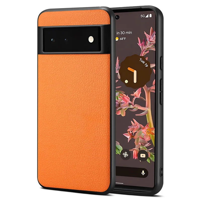 For Google Pixel 6 Phone Case PU Leather+PC+TPU Cover Calf Texture - Orange