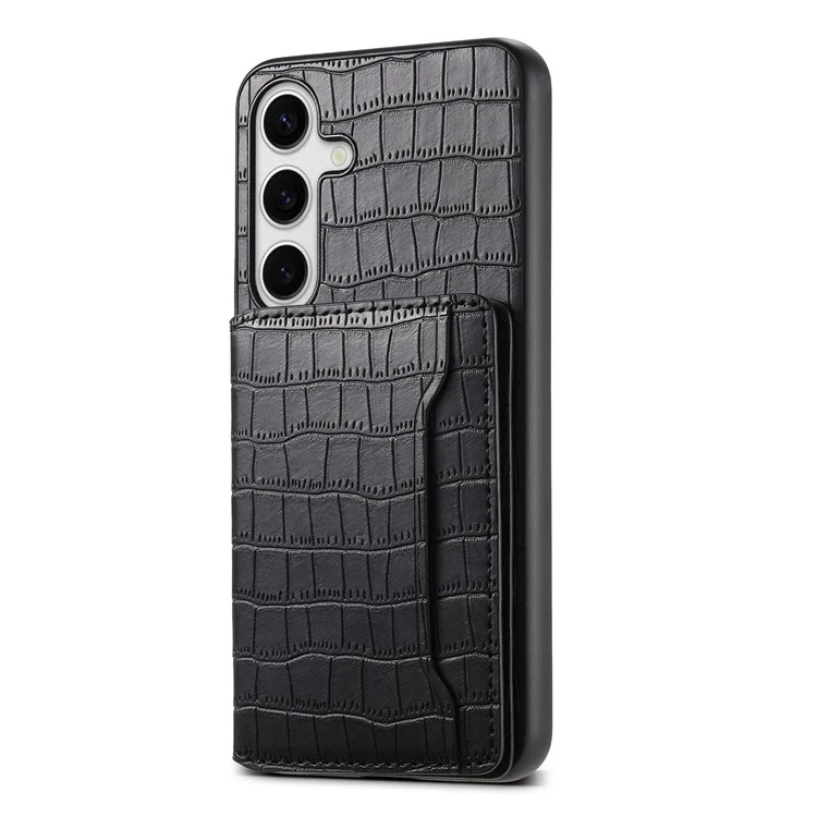 For Samsung Galaxy S24+ Case with Card Holder Crocodile Texture PU Leather Phone Back Cover - Black