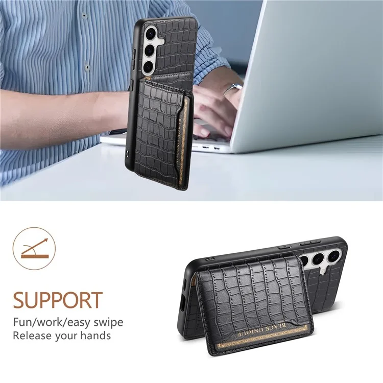 For Samsung Galaxy S24+ Case with Card Holder Crocodile Texture PU Leather Phone Back Cover - Black