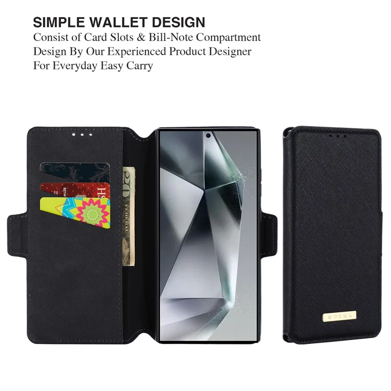 MUXMA MX115 For Samsung Galaxy S23 Ultra Magnetic Phone Case Leather Stand Wallet Shell - Black