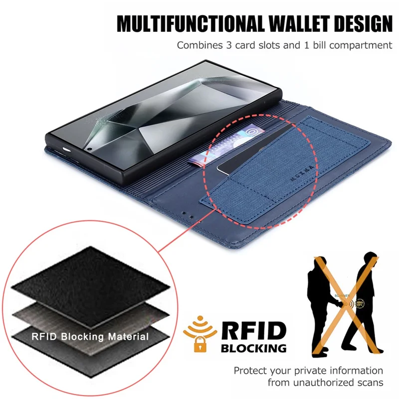 MUXMA MX109 For Samsung Galaxy S24 Ultra Case RFID Blocking Magnetic Closing Phone Cover - Blue