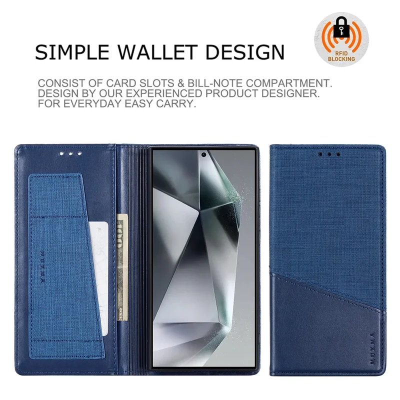 MUXMA MX109 For Samsung Galaxy S24 Ultra Case RFID Blocking Magnetic Closing Phone Cover - Blue