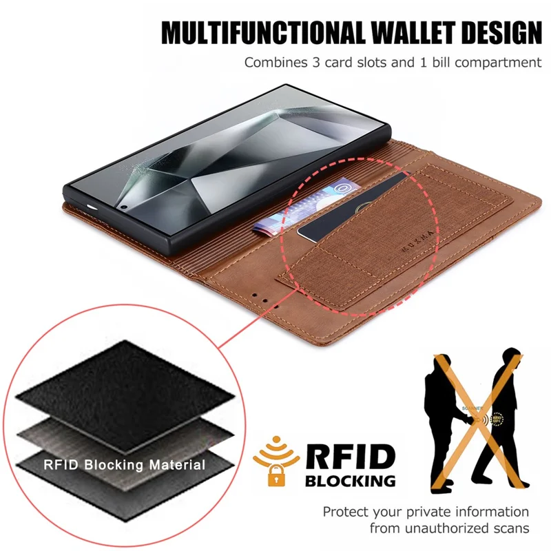 MUXMA MX109 For Samsung Galaxy S24 Ultra Case RFID Blocking Magnetic Closing Phone Cover - Brown