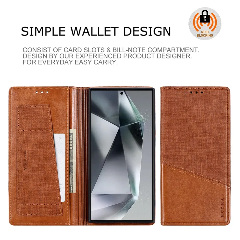 MUXMA MX109 For Samsung Galaxy S24 Ultra Case RFID Blocking Magnetic Closing Phone Cover - Brown