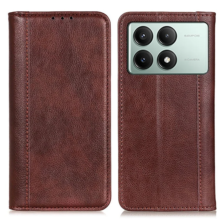 For Xiaomi Redmi K70E 5G / Poco X6 Pro 5G Case Wallet Split Leather Litchi Texture Phone Cover - Brown