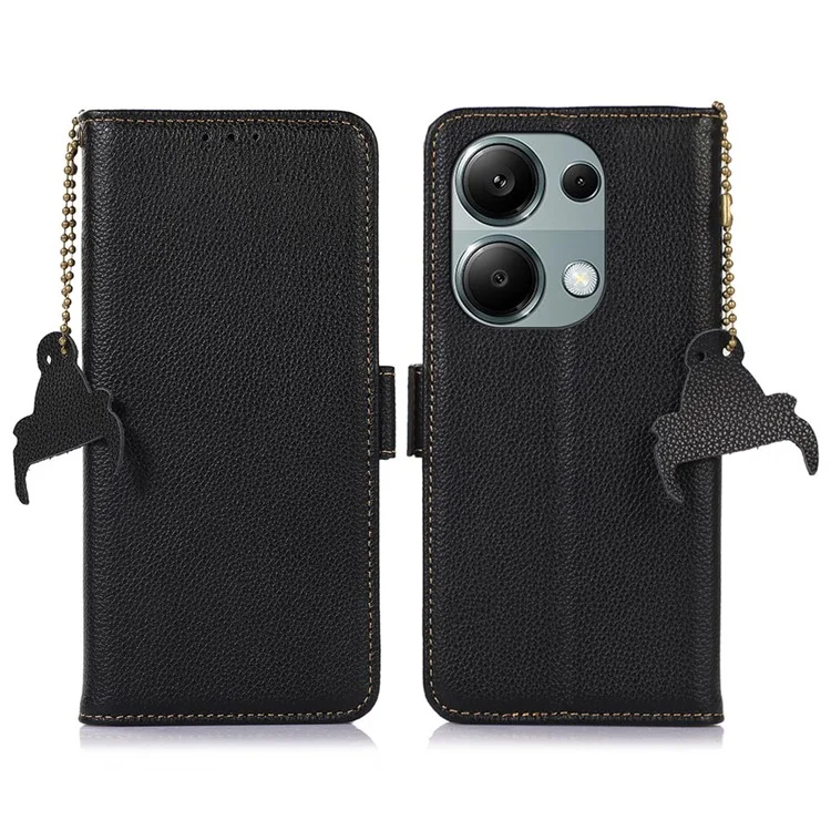 Para Xiaomi Redmi Note 13 Pro 4G / Poco M6 Pro 4G Capa Genuína de Couro de Vaca Carteira Capa de Telefone - Preto