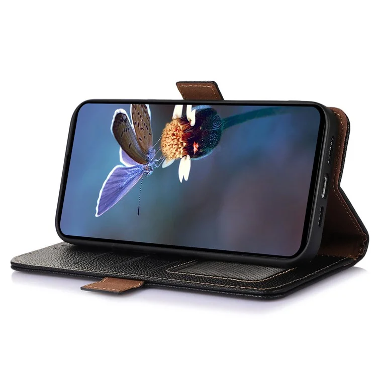 Para Xiaomi Redmi Note 13 Pro 4G / Poco M6 Pro 4G Capa Genuína de Couro de Vaca Carteira Capa de Telefone - Preto