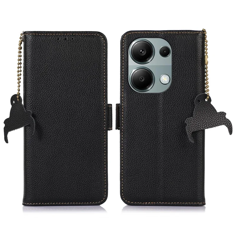 For Xiaomi Redmi Note 13 4G Wallet Case Genuine Cow Leather Phone Cover RFID Blocking - Black
